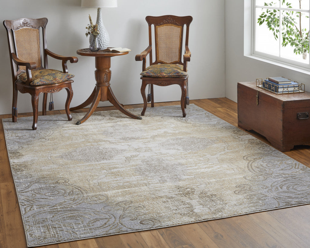 4' X 6' Tan and Gray Floral Power Loom Non Skid Area Rug