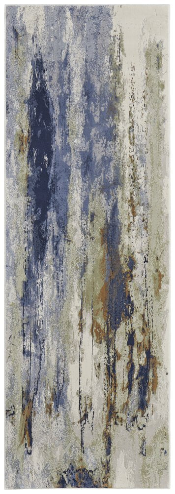 5' X 8' Blue Orange And Ivory Abstract Power Loom Area Rug