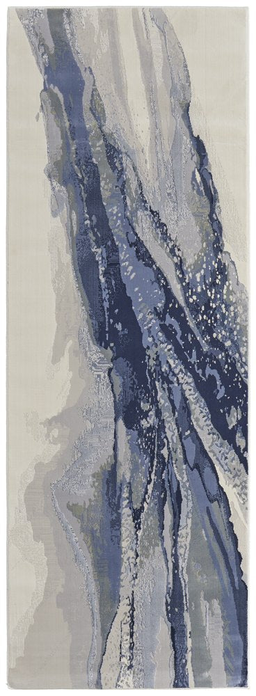 8' Blue Gray And Ivory Abstract Power Loom Runner Rug