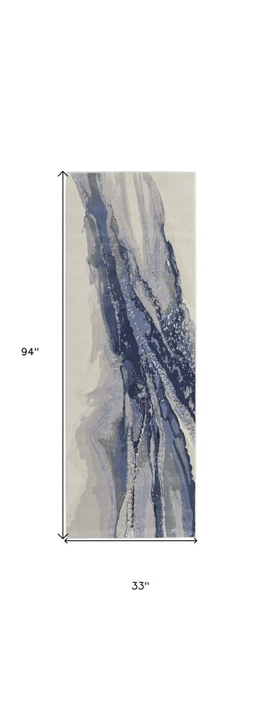 8' Blue Gray And Ivory Abstract Power Loom Runner Rug