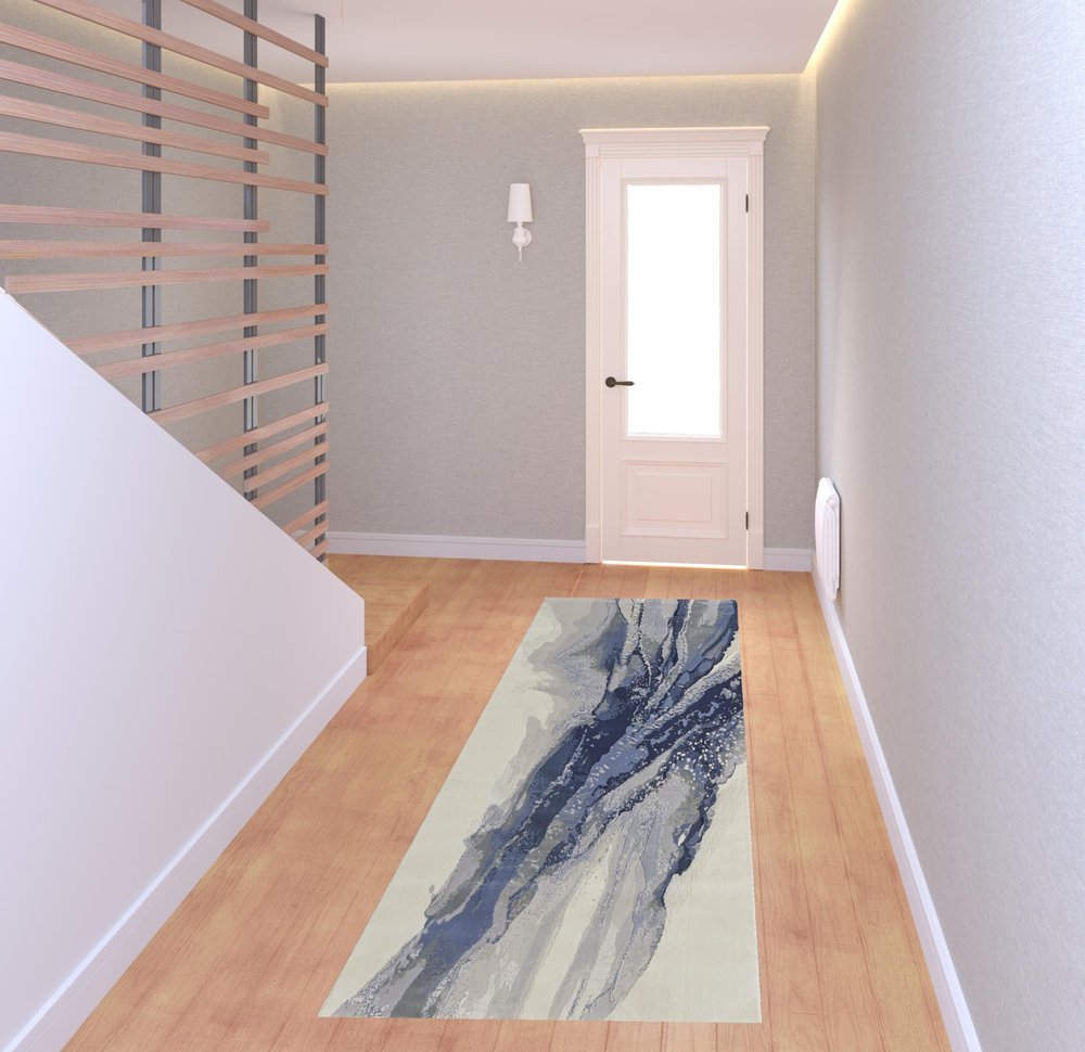 8' Blue Gray And Ivory Abstract Power Loom Runner Rug