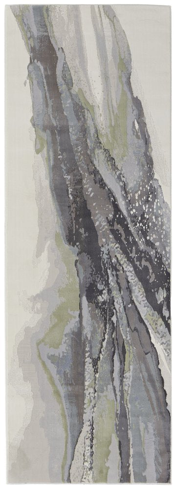 8' Blue Gray And Ivory Abstract Power Loom Runner Rug