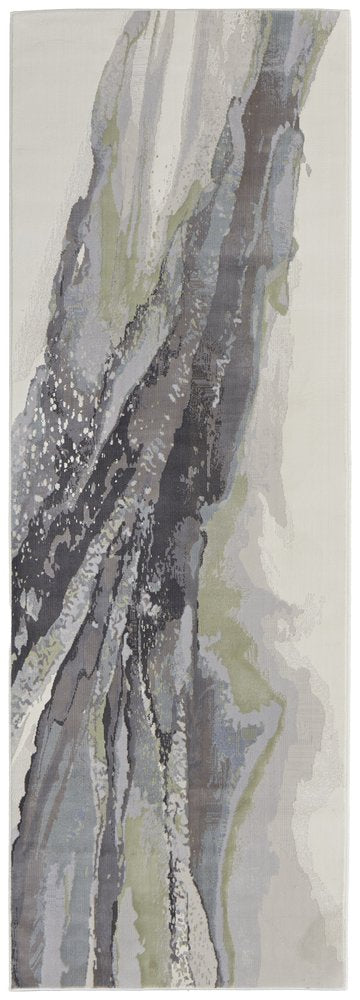 8' Blue Gray And Ivory Abstract Power Loom Runner Rug