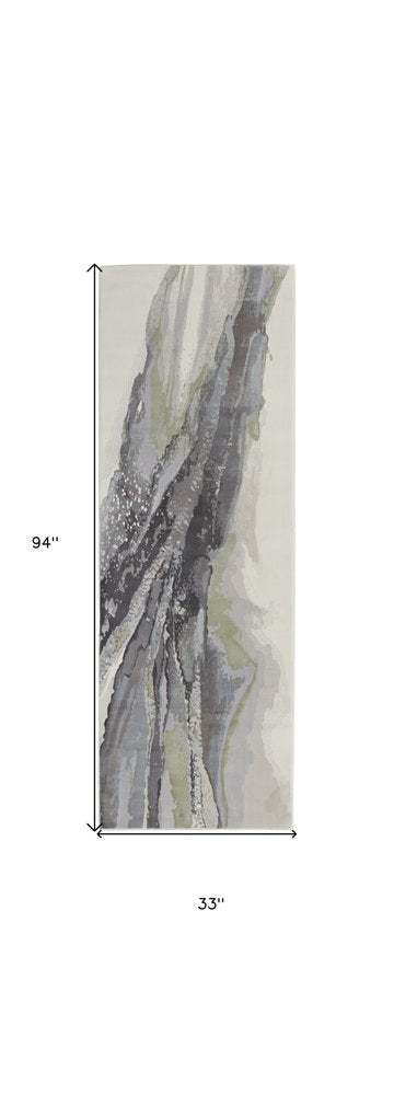 8' Blue Gray And Ivory Abstract Power Loom Runner Rug