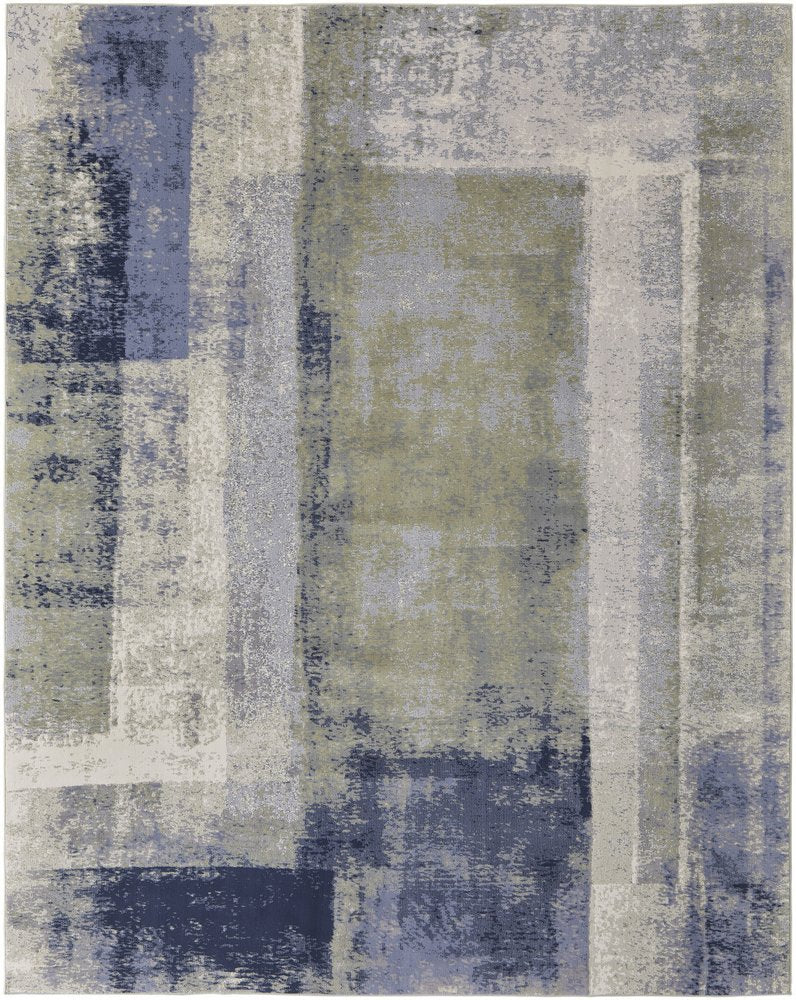 4' X 6' Blue Green And Ivory Abstract Distressed Area Rug