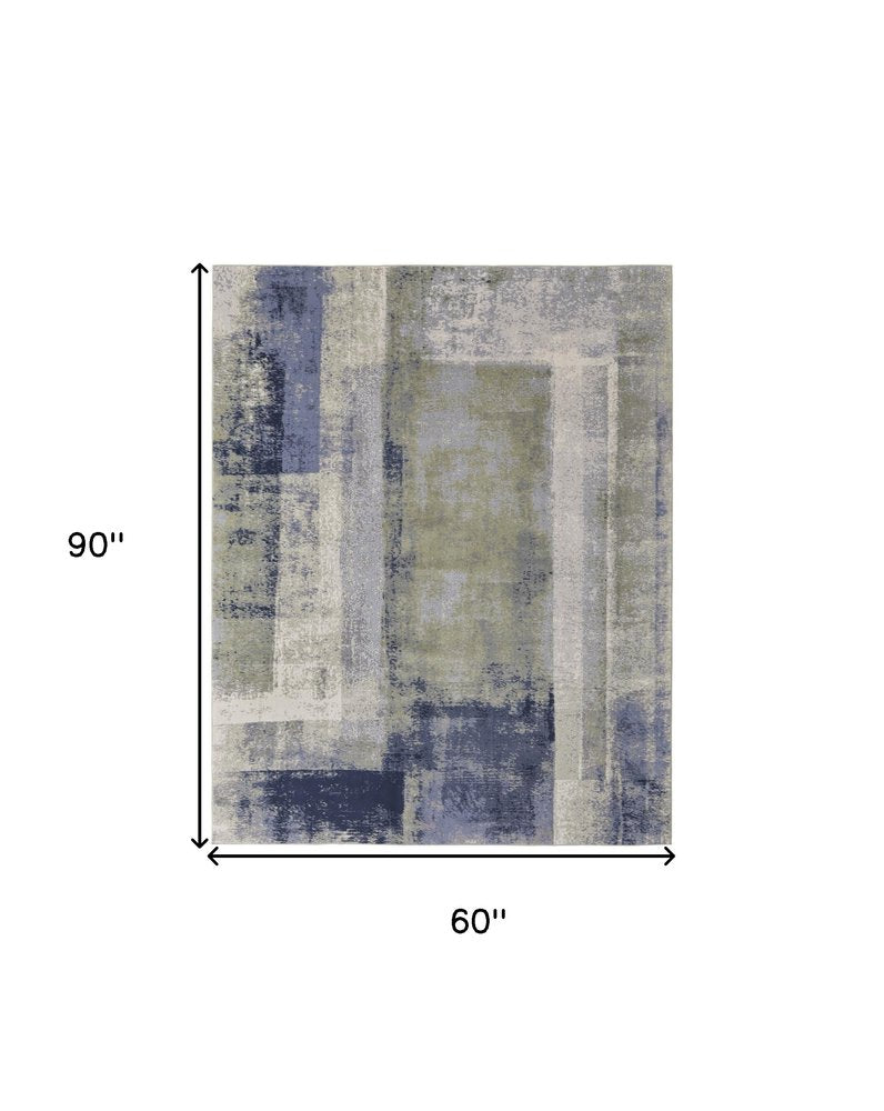 4' X 6' Blue Green And Ivory Abstract Distressed Area Rug