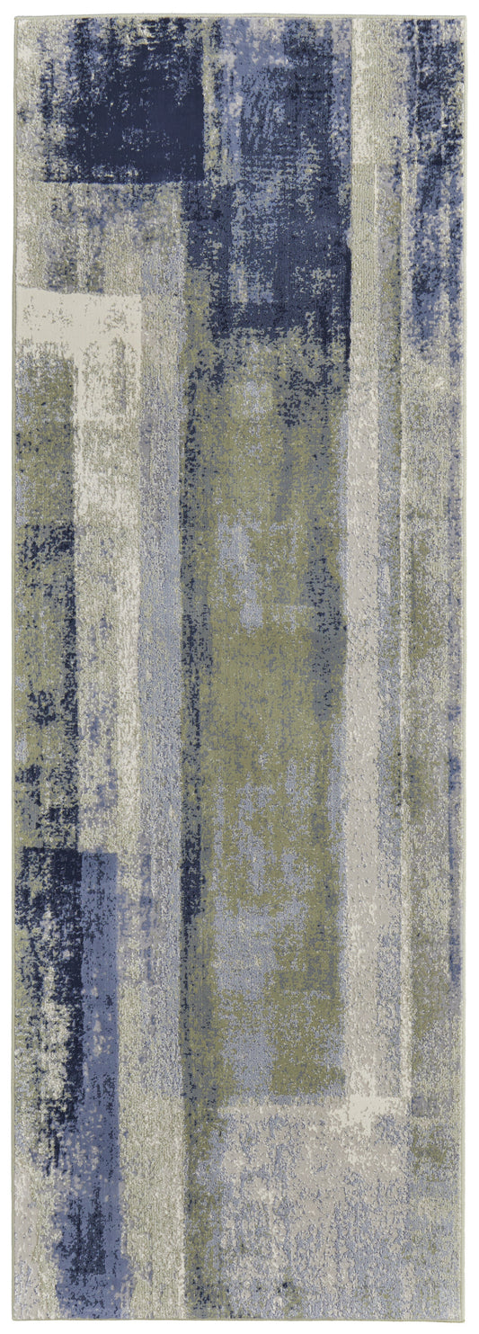 4' X 6' Blue Green And Ivory Abstract Power Loom Distressed Area Rug