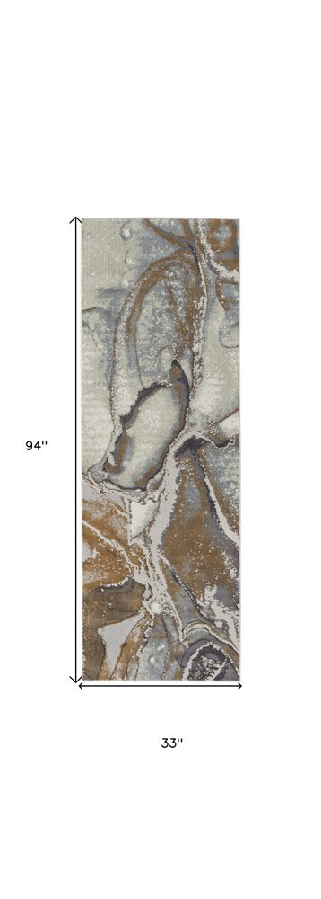 8' Gray And Brown Marble Runner Rug