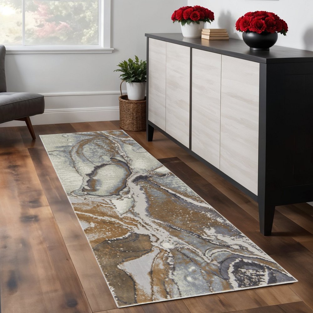8' Gray And Brown Marble Runner Rug