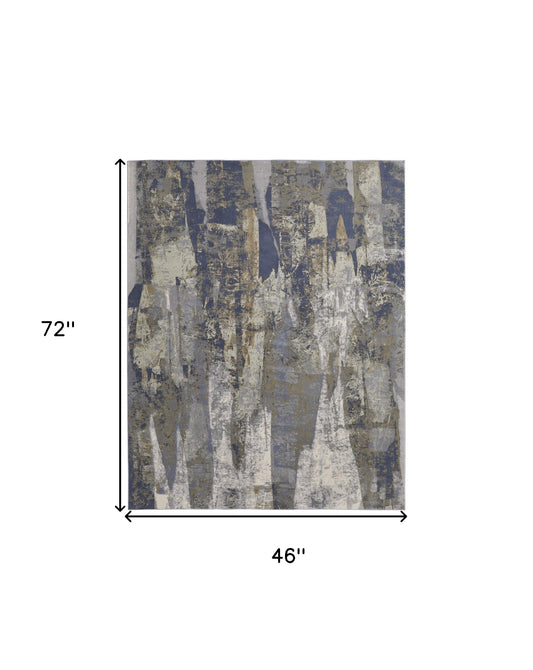 8' X 10' Brown Blue And Ivory Abstract Power Loom Distressed Area Rug