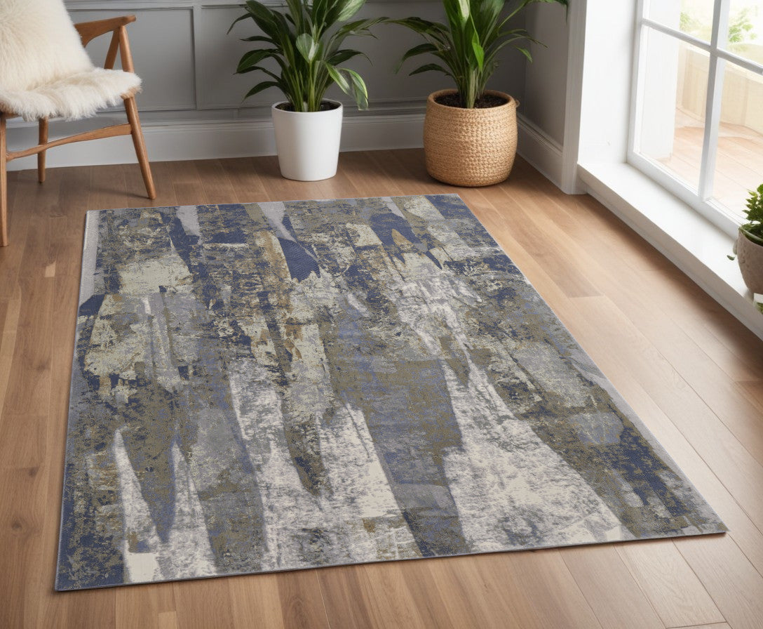 8' X 10' Blue and Gray Abstract Power Loom Distressed Area Rug