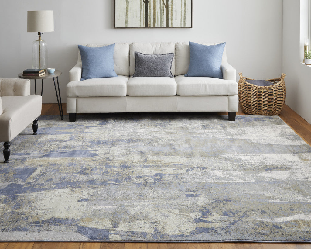 2' X 3' Brown Blue And Ivory Abstract Power Loom Distressed Area Rug