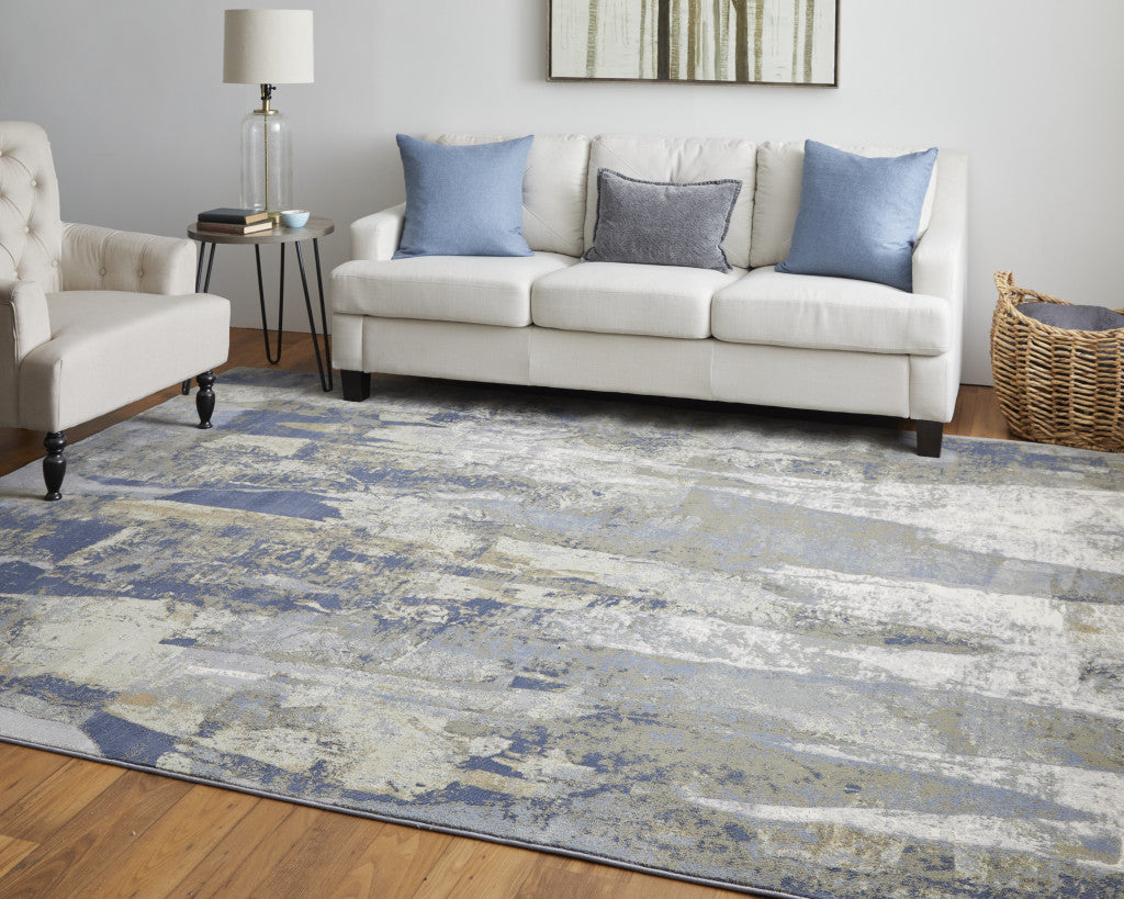 2' X 3' Brown Blue And Ivory Abstract Power Loom Distressed Area Rug