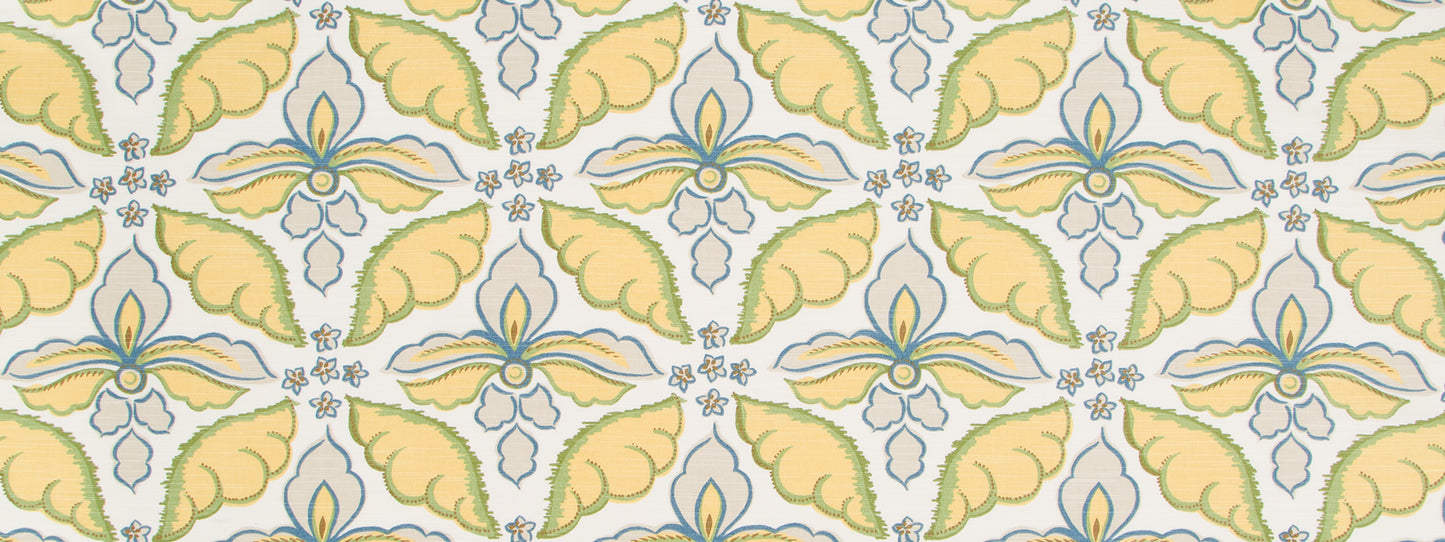 Repeating damask-style wallpaper pattern with pale yellow leaves and blue floral motifs on light gray background.