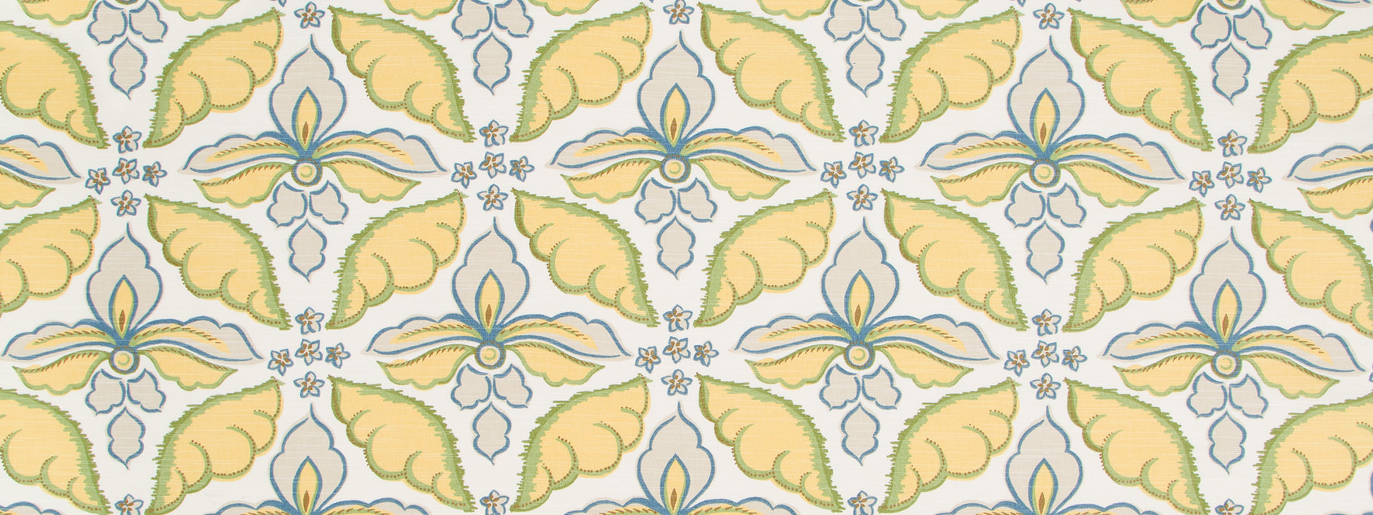 Repeating damask-style wallpaper pattern with pale yellow leaves and blue floral motifs on light gray background.