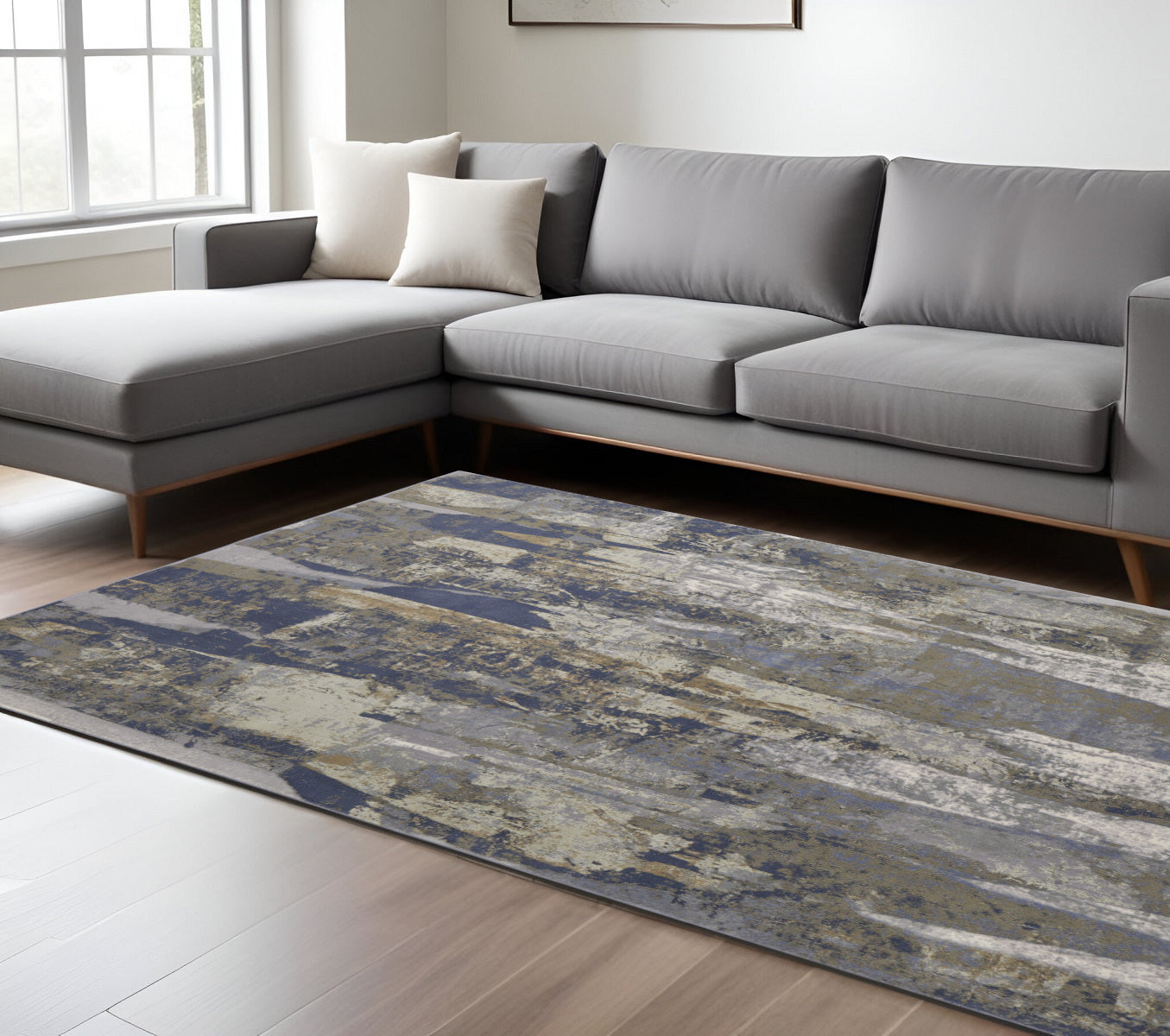 2' X 3' Brown Blue And Ivory Abstract Power Loom Distressed Area Rug