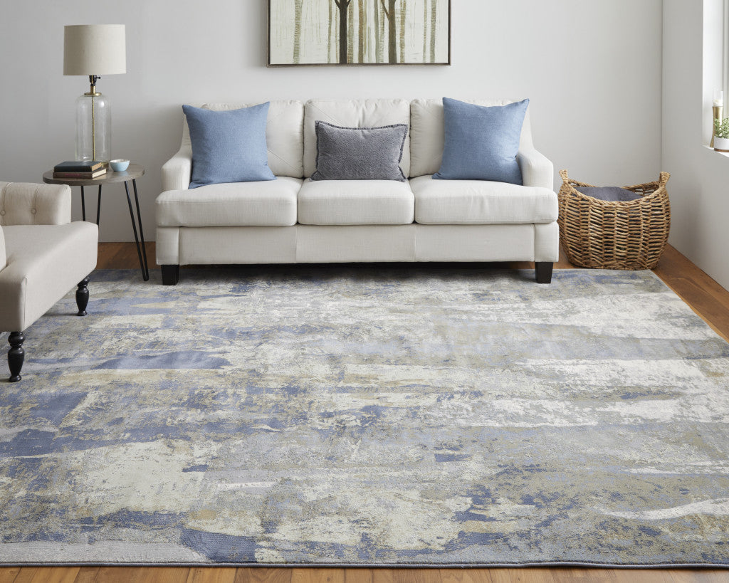 8' X 10' Blue Gray And Tan Abstract Power Loom Distressed Area Rug