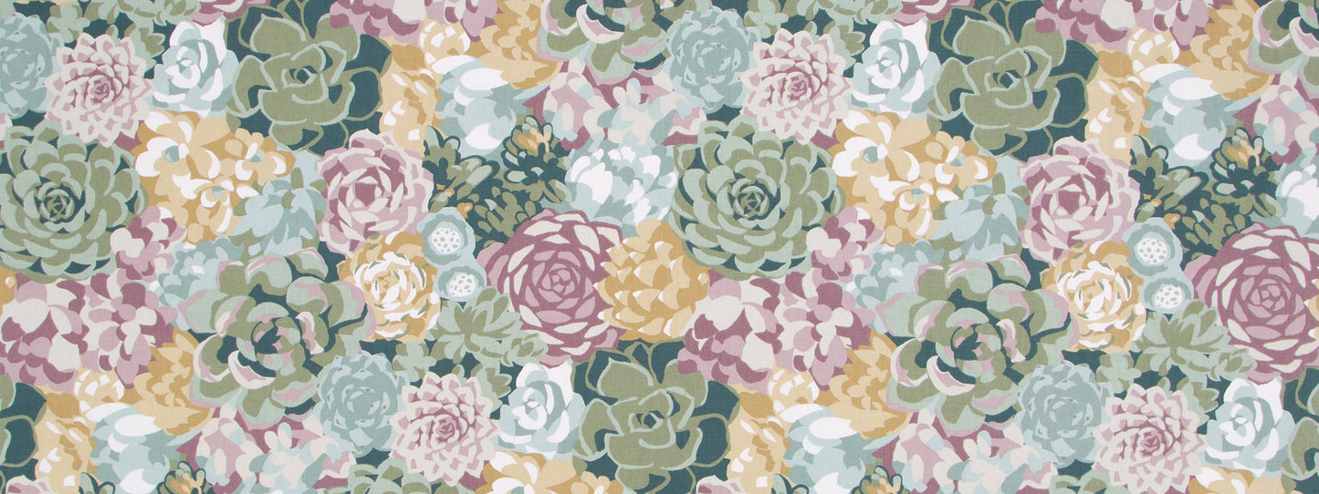 Colorful succulent print with green leaves in a repeating pattern.