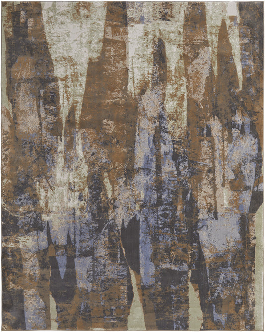 10' X 13' Blue Gray And Tan Abstract Power Loom Distressed Area Rug