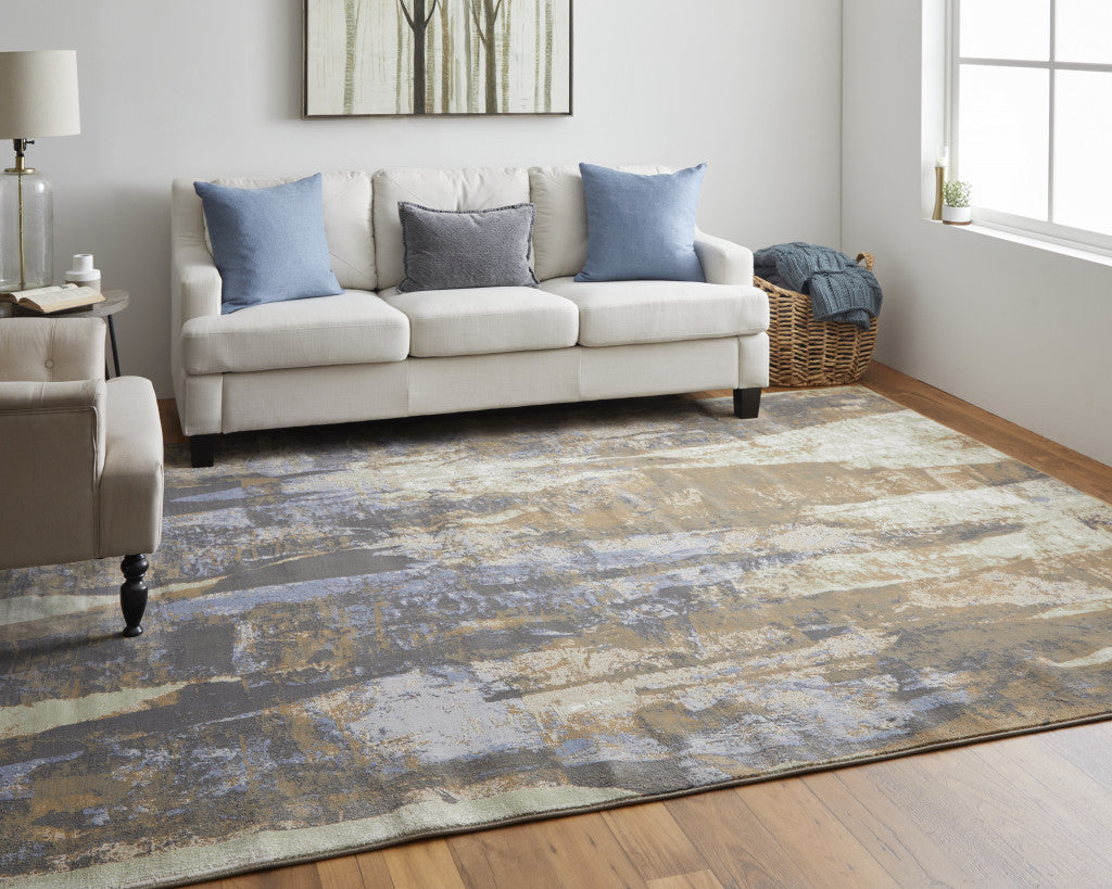 8' X 10' Blue Gray And Tan Abstract Power Loom Distressed Area Rug