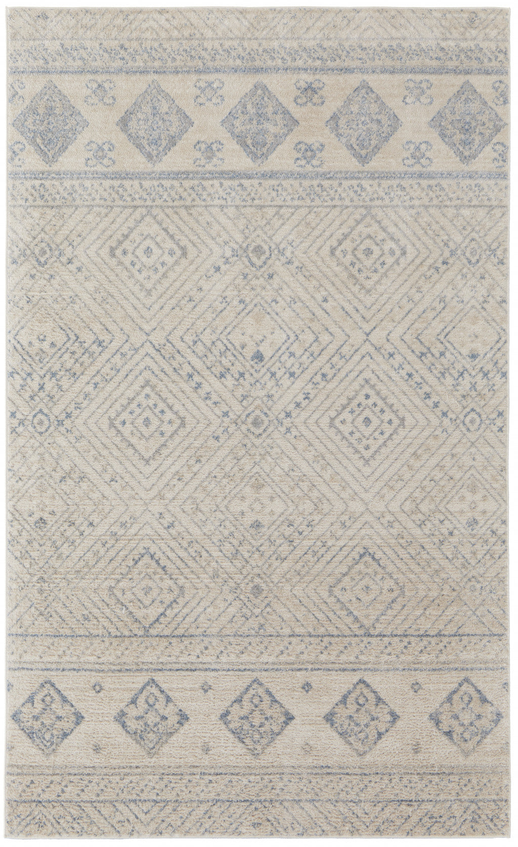 8' X 10' Ivory And Blue Geometric Power Loom Distressed Area Rug