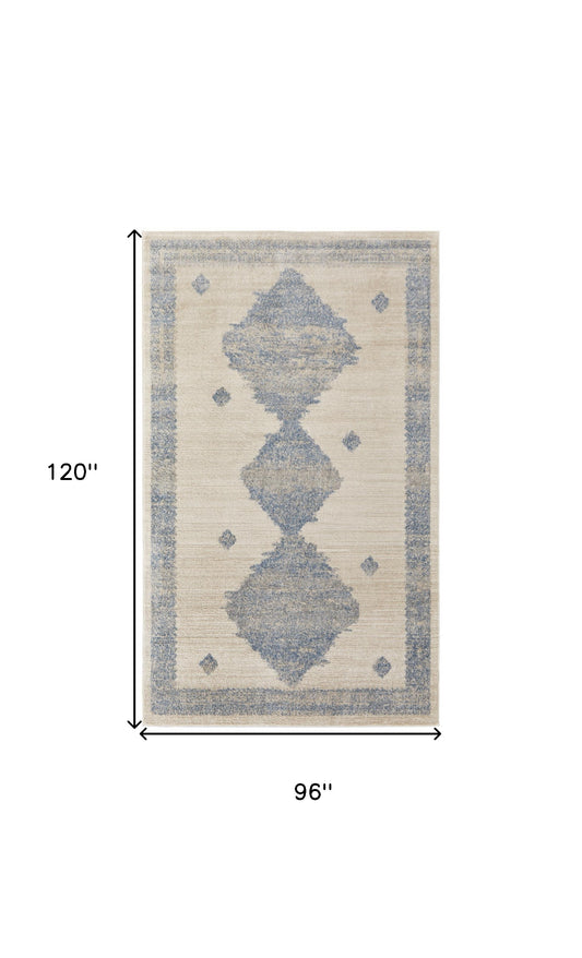 8' X 10' Blue And Ivory Geometric Power Loom Distressed Area Rug