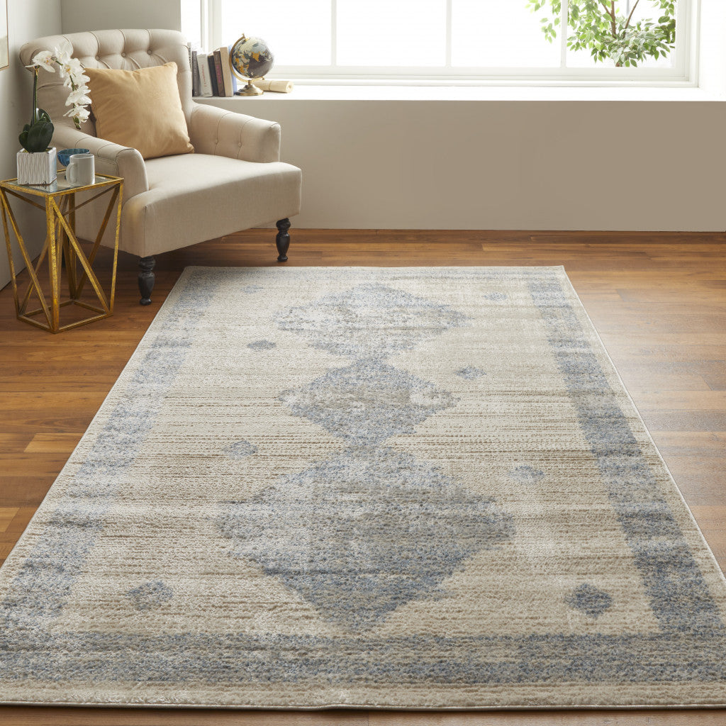 8' X 10' Blue And Ivory Geometric Power Loom Distressed Area Rug