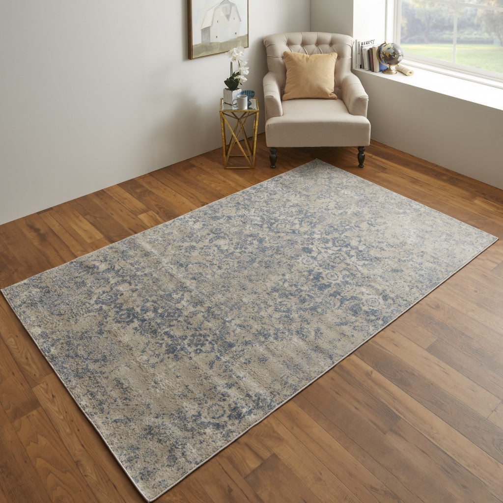 8' X 10' Blue And Ivory Abstract Power Loom Distressed Area Rug