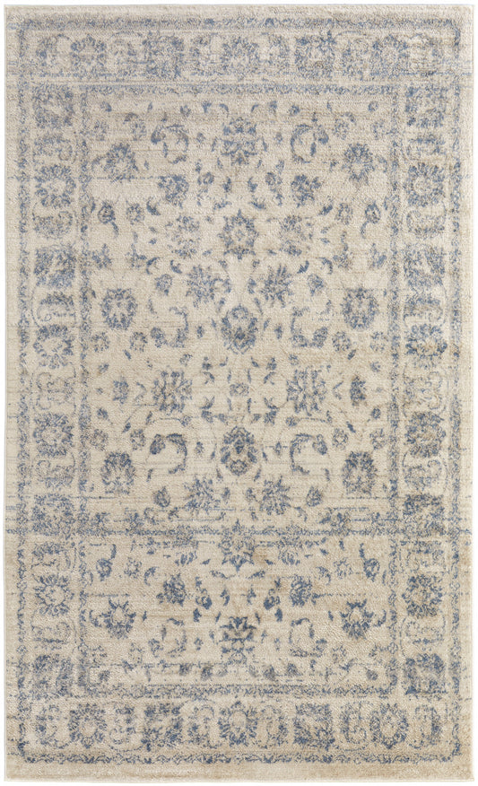 8' X 10' Ivory And Blue Abstract Power Loom Distressed Area Rug