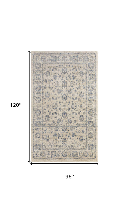 8' X 10' Ivory And Blue Abstract Power Loom Distressed Area Rug