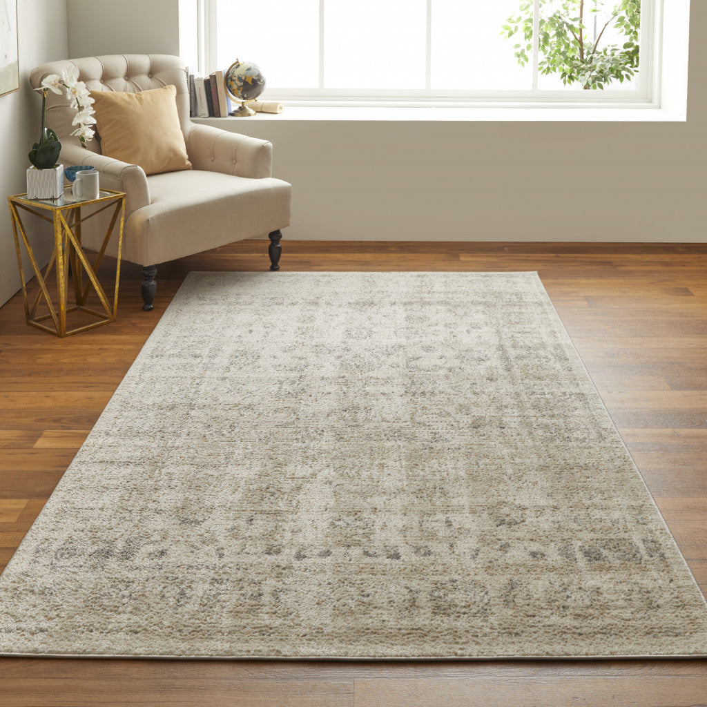 8' X 10' Ivory And Blue Abstract Power Loom Distressed Area Rug