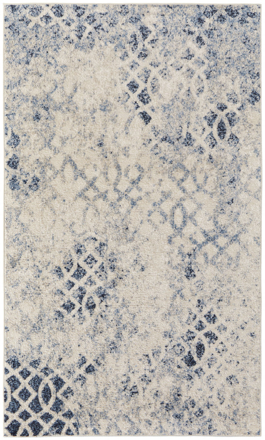 8' X 10' Ivory And Blue Abstract Power Loom Distressed Area Rug