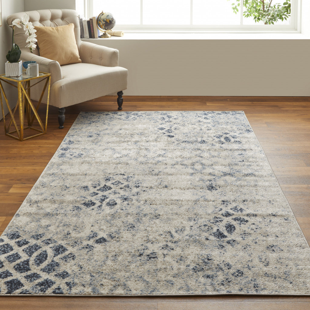 8' X 10' Ivory And Blue Abstract Power Loom Distressed Area Rug