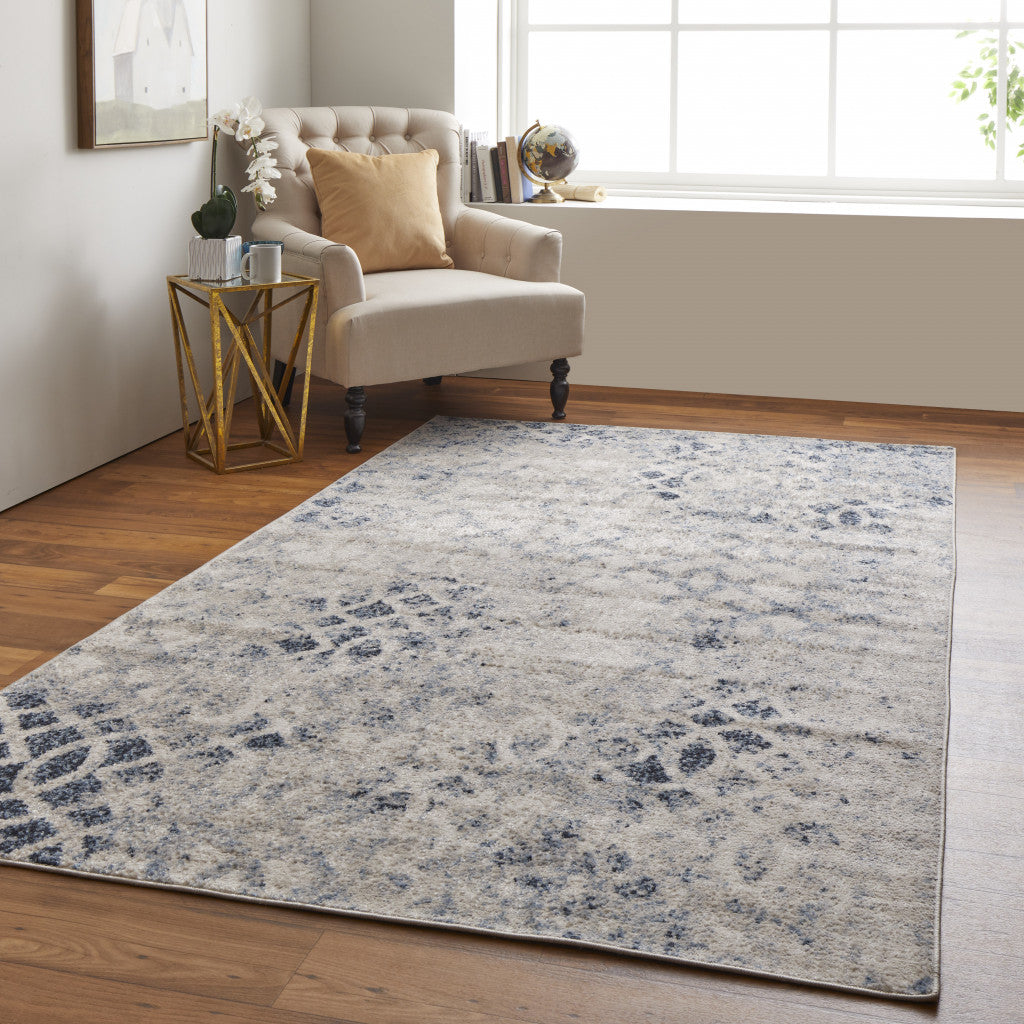 8' X 10' Ivory And Blue Abstract Power Loom Distressed Area Rug