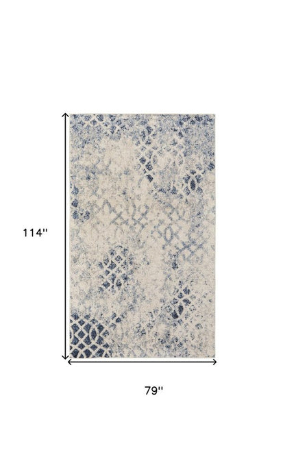 7' X 10' Ivory And Blue Abstract Power Loom Distressed Area Rug