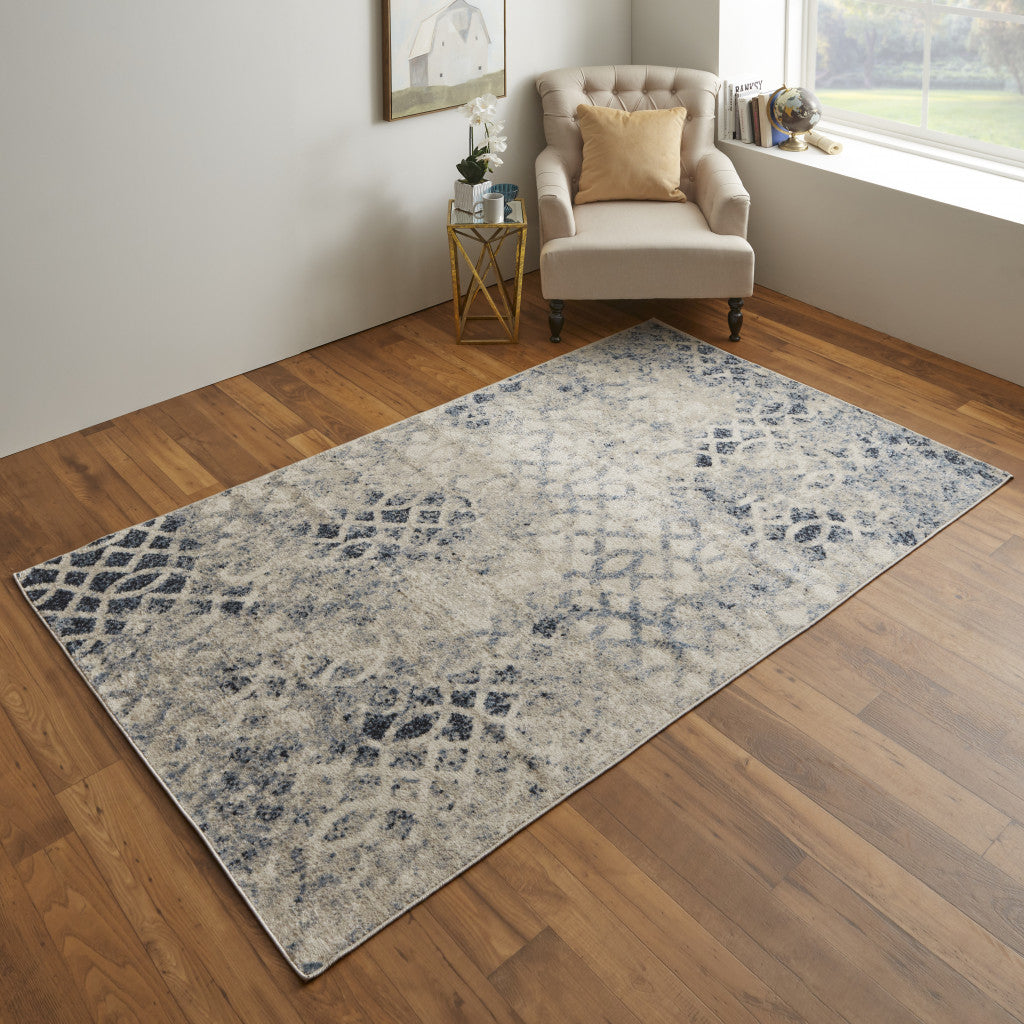 8' X 10' Ivory And Blue Abstract Power Loom Distressed Area Rug