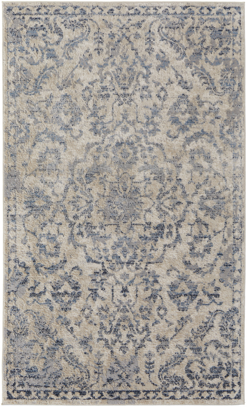 8' X 10' Blue Gray And Ivory Floral Power Loom Distressed Area Rug