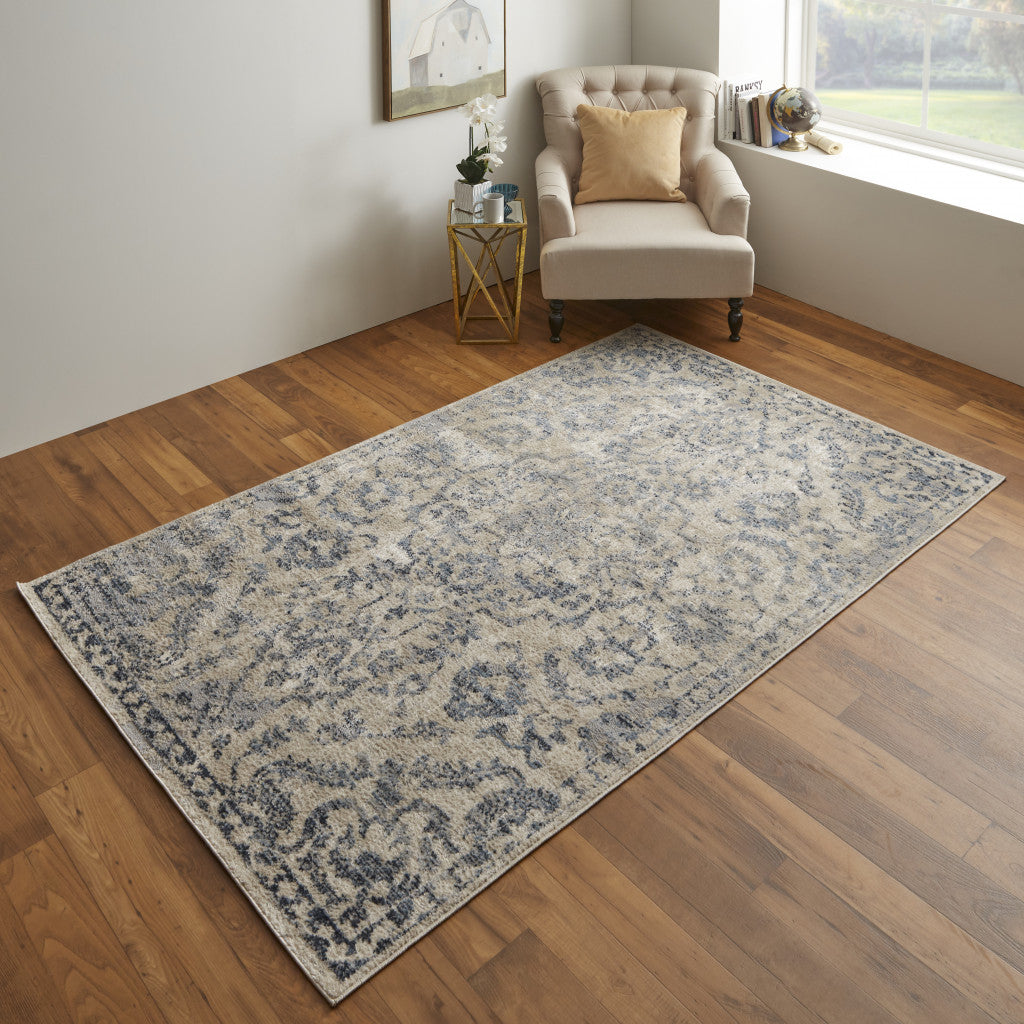 4' X 6' Gray Ivory And Gold Floral Power Loom Distressed Area Rug