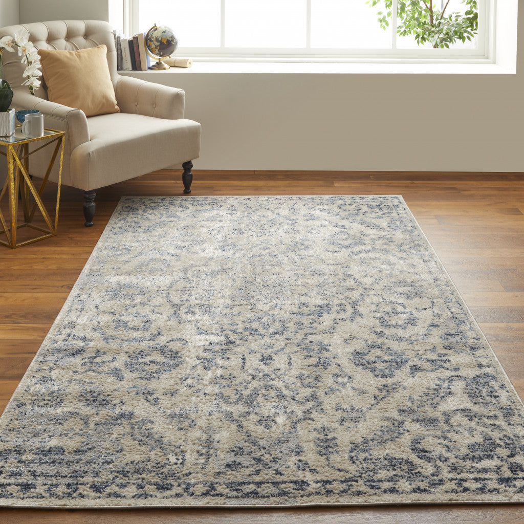 4' X 6' Gray Ivory And Gold Floral Power Loom Distressed Area Rug