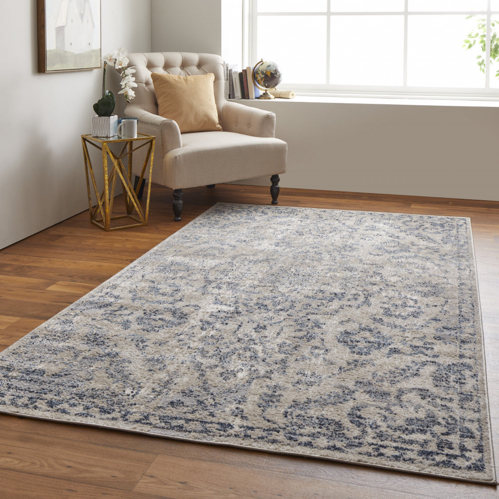 4' X 6' Gray Ivory And Gold Floral Power Loom Distressed Area Rug