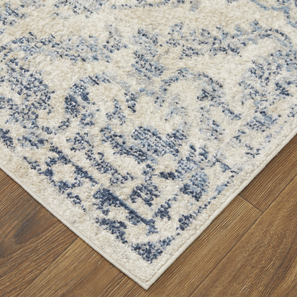 8' X 10' Blue Gray And Ivory Floral Power Loom Distressed Area Rug