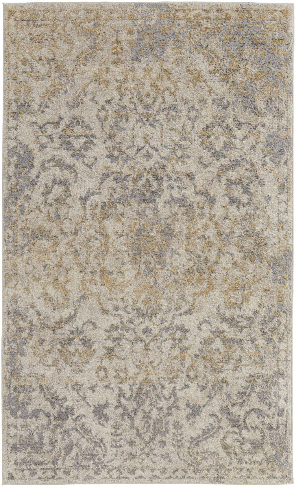 4' X 6' Gray Ivory And Gold Floral Power Loom Distressed Area Rug