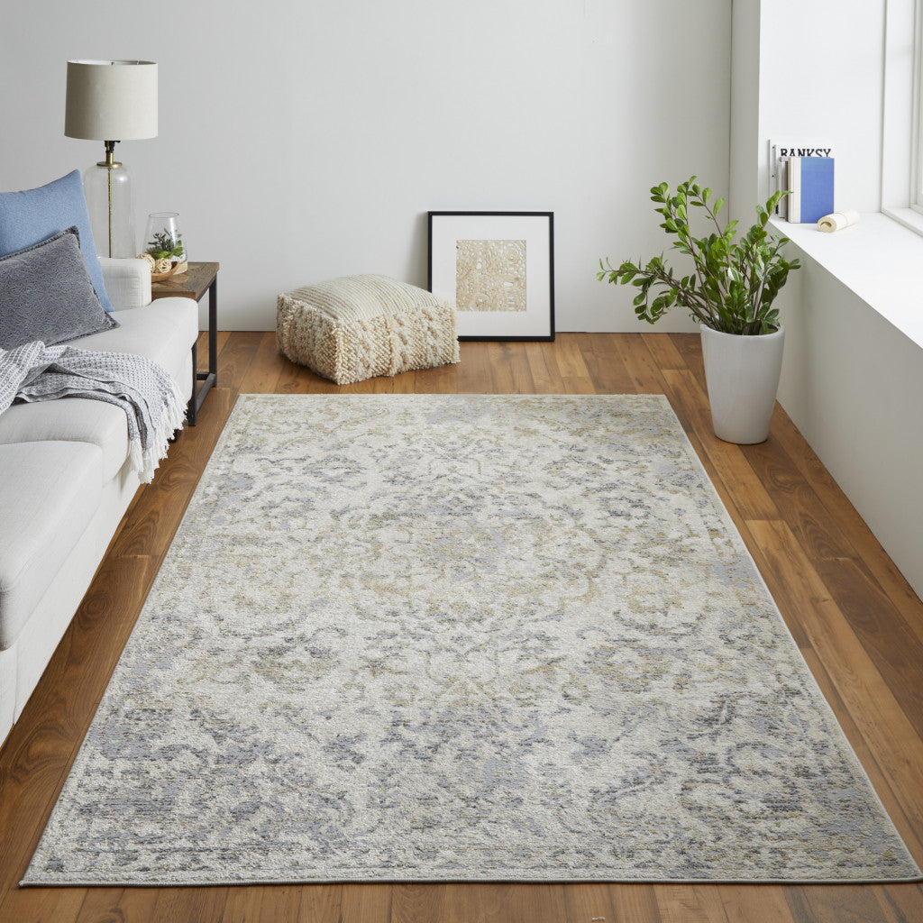 4' X 6' Gray Ivory And Gold Floral Power Loom Distressed Area Rug