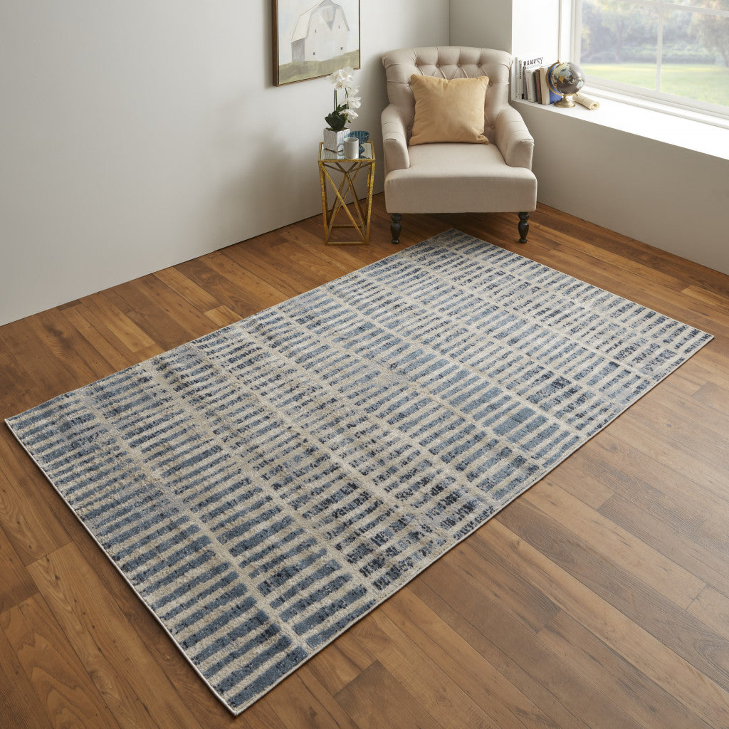 8' X 10' Blue And Ivory Geometric Power Loom Distressed Area Rug