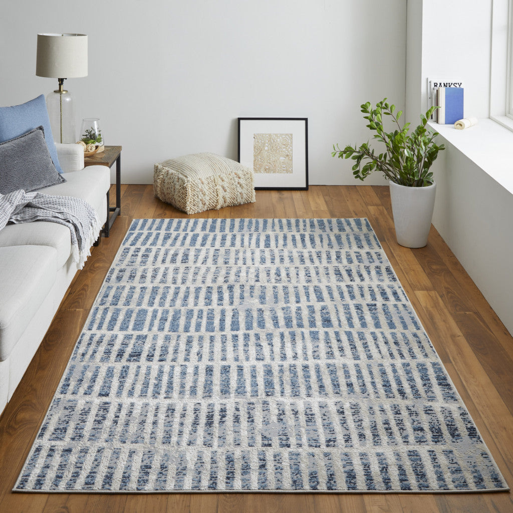 8' X 10' Blue And Ivory Geometric Power Loom Distressed Area Rug