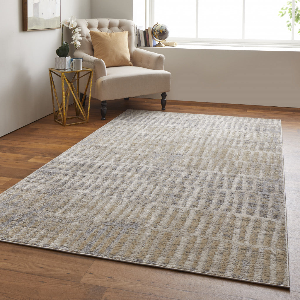 8' X 10' Gray Ivory And Gold Geometric Power Loom Distressed Area Rug