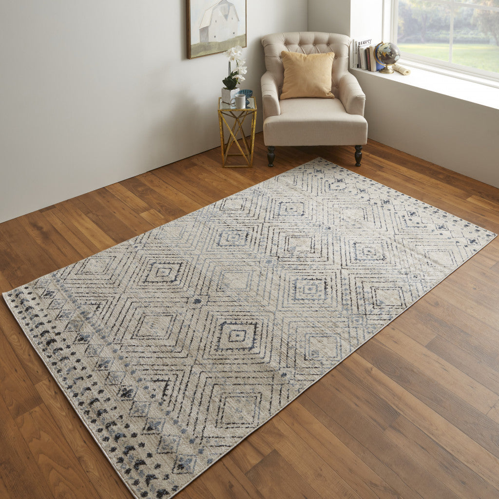 8' X 10' Ivory Blue And Gray Geometric Power Loom Distressed Area Rug