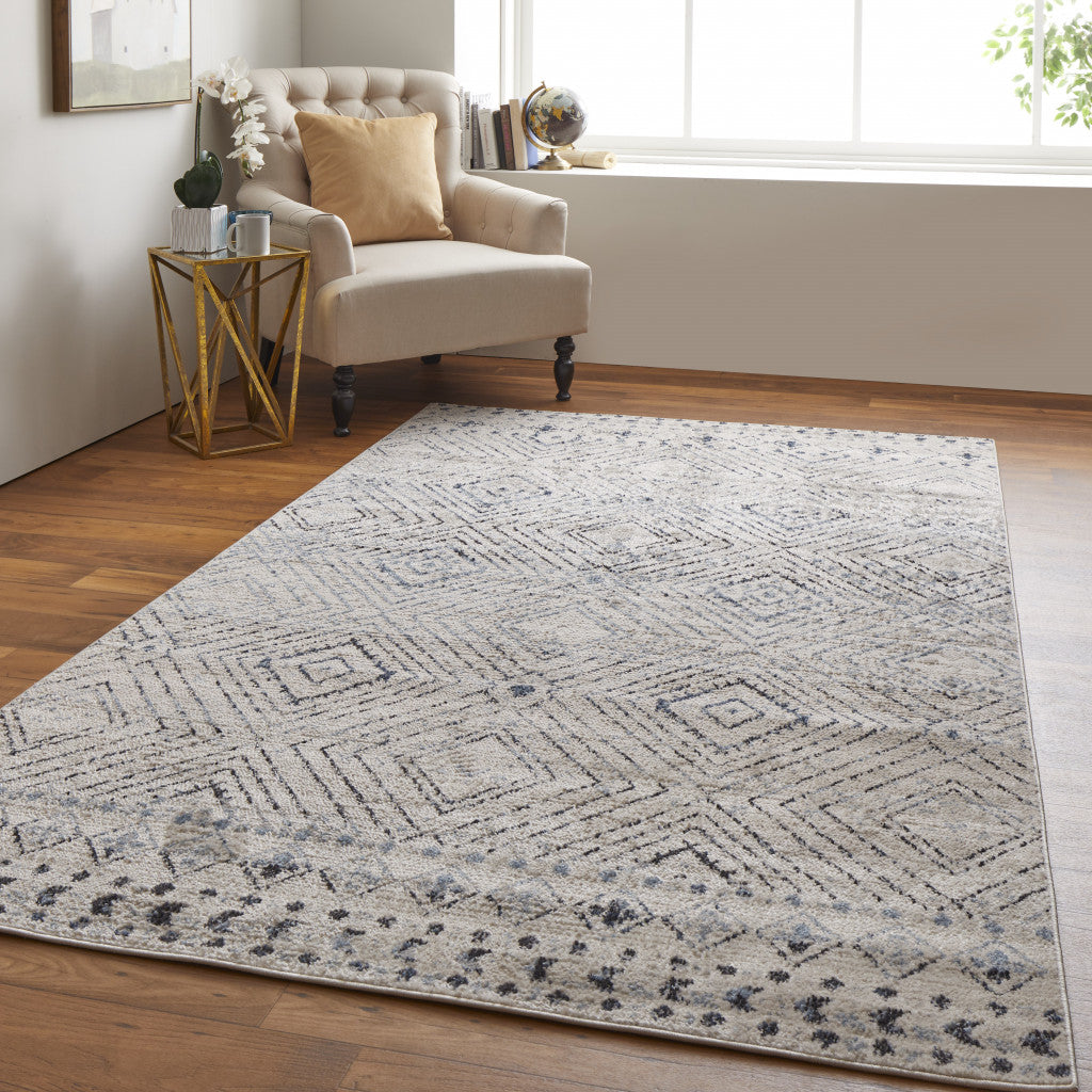 8' X 10' Ivory Blue And Gray Geometric Power Loom Distressed Area Rug