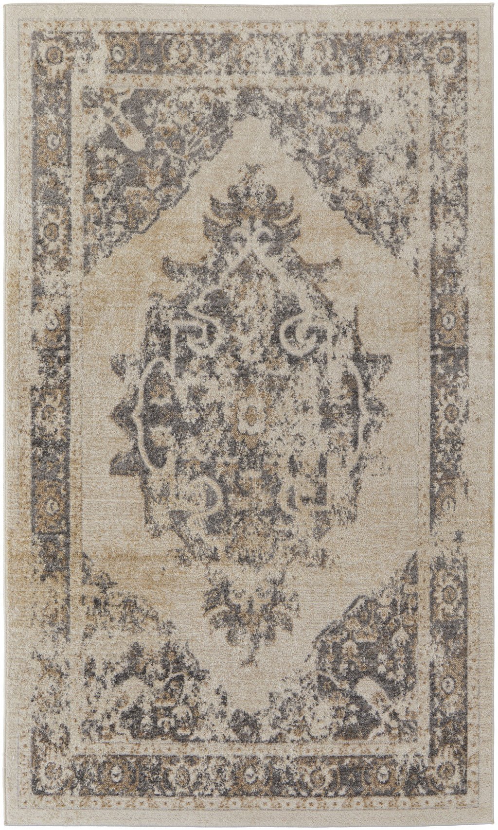 8' X 10' Ivory And Blue Floral Power Loom Distressed Area Rug