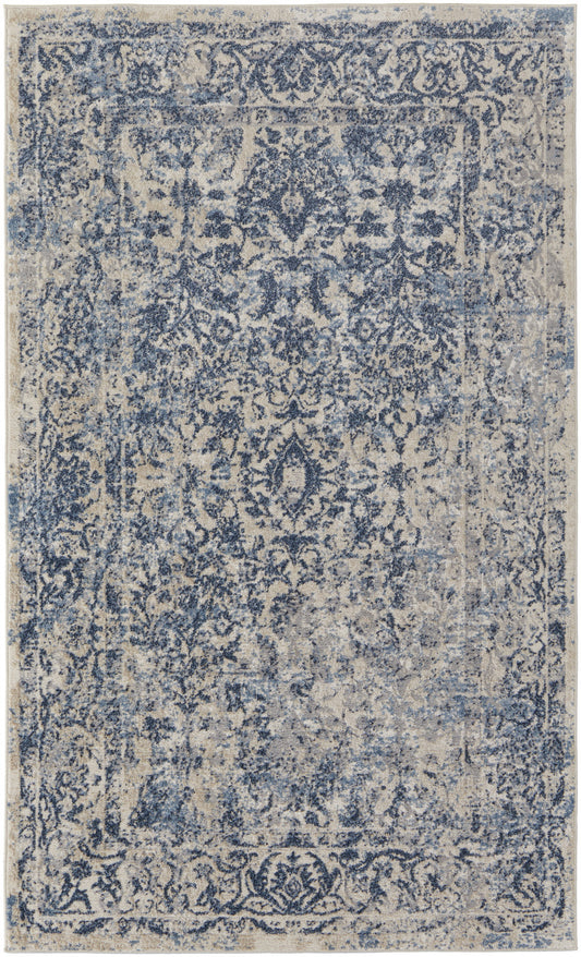 8' X 10' Blue And Ivory Floral Power Loom Distressed Area Rug